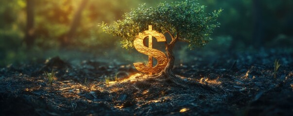 A glowing dollar sign emerges from a small tree, symbolizing the connection between nature and...