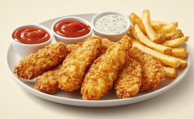 Delicious Chicken Strips with French Fries and Dipping Sauces on Plate