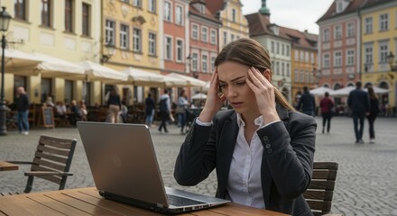 Stressed Professional in a Vibrant European Plaza
