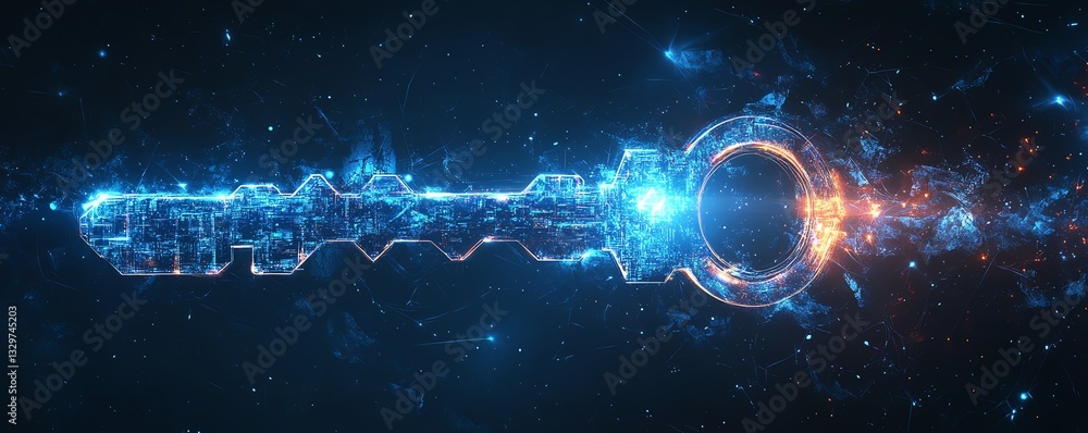 Poster a digital key graphic design in a futuristic virtual environment, showcasing advanced security techn