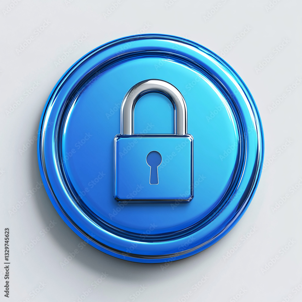 Poster glossy blue button with a silver padlock in the center symbolizing security protection and digital p