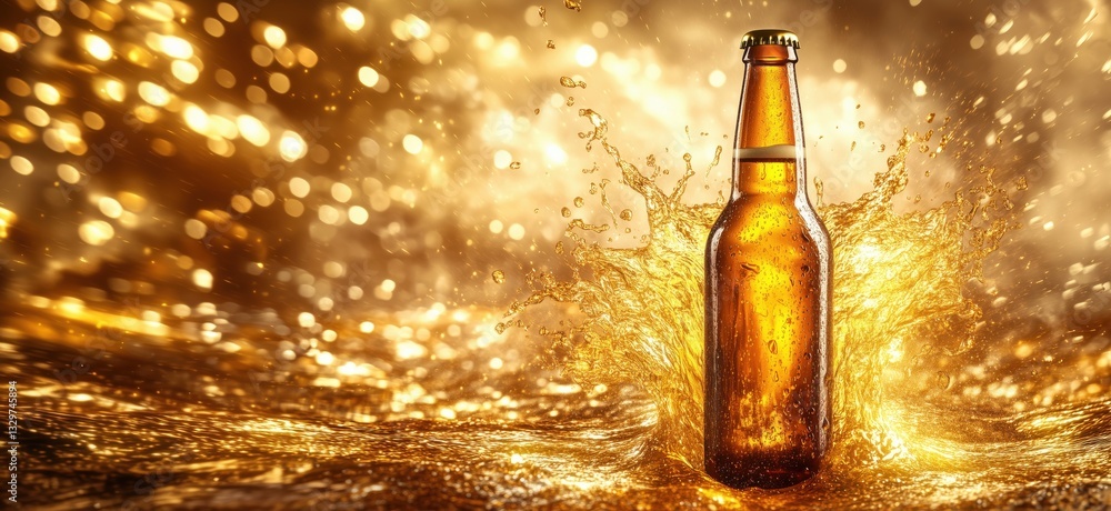 Poster golden beer bottle splashing in sparkling liquid with bokeh background