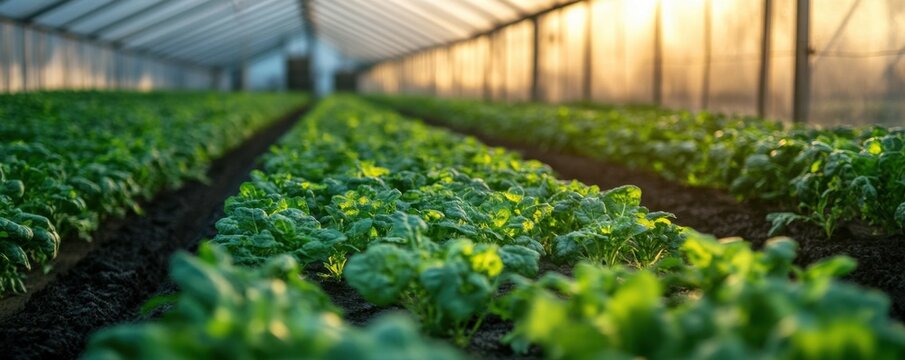 A vibrant greenhouse filled with lush green plants, illuminated by warm sunlight streaming through the structure.
