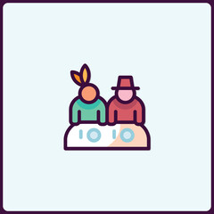 Whimsical Thanksgiving Celebration Icon Featuring Native American and Pilgrim