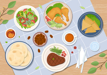 Iftar meal, foods and drinks on wooden table and tablecloths. Vector illustration Ramadan iftar meal with bread, dates, fried chicken, steak, salad and drinks. Top view of iftar foods and drinks.