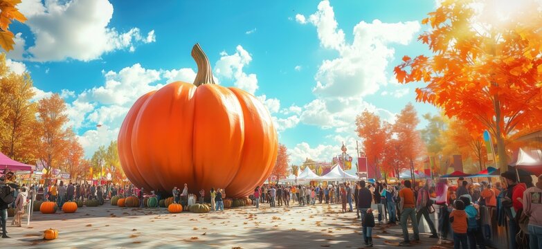Giant pumpkin at vibrant autumn festival with crowds and colorful foliage