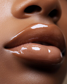 Glossy lips with rich brown shade and smooth texture, reflecting light beautifully