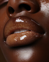 Fototapeta premium Glossy lips with shimmering finish, showcasing rich brown hue and smooth texture