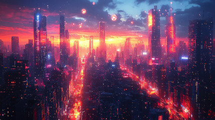 Fototapeta premium Futuristic skyline sunset urban city digital art dystopian environment aerial view visionary concept