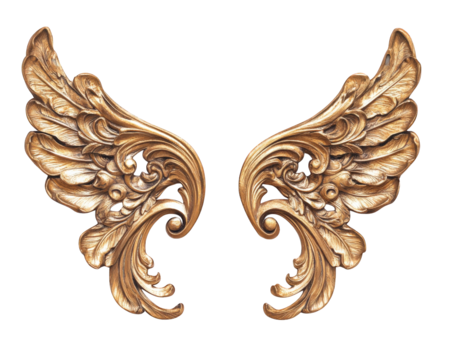 Intricately carved gold angel wings showcase delicate details and ornate design, perfect for adding touch of elegance and charm to any decor
