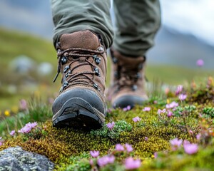 A hiker's sturdy boots step over vibrant moss and flowers in a lush outdoor setting, highlighting a connection with nature.