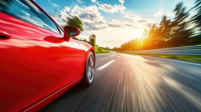 A red sports car speeding down an open highway.