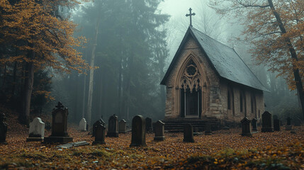 Misty autumn forest chapel scene with old tombstones dark mood fall foggy trees image grave gothic