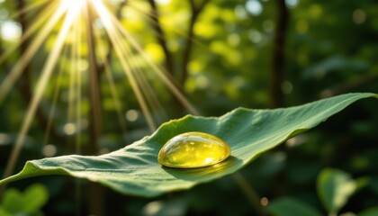 A leaf with a drop of liquid. Sunlight in background