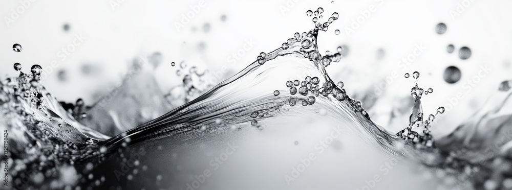 Aufkleber black and white abstract liquid floating in the air with bubbles on a light background, 3d render sh