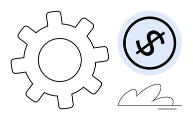 Large gear icon next to dollar sign symbolizing efficiency, productivity, and revenue generation. Ideal for business, strategy, finance, innovation, growth planning success. Flat simple metaphor