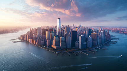 Stunning aerial view of lower manhattan skyline at sunset with beautiful cityscape new york urban