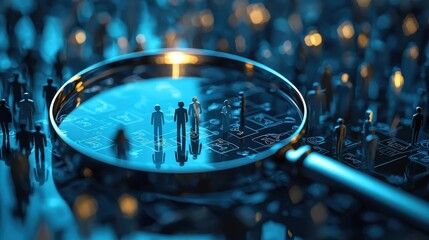 A magnifying glass hovers over figures representing hiring candidates, symbolizing talent acquisition and the search for qualified employees.