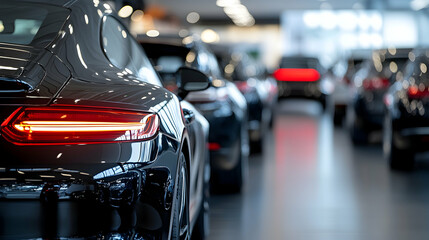 Luxury car showroom with high-end vehicles lined up, sleek modern automotive display