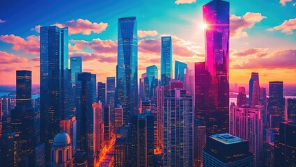 The modern skyline, viewed from city towers.