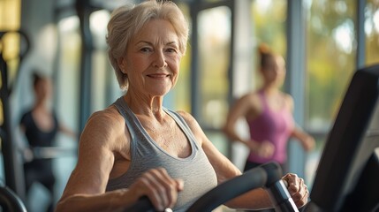 Fototapeta premium Senior woman exercising at the gym. She is working on a static bike and smiling at the camera. Behind her is another woman doing sport.