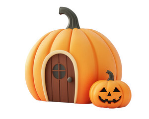 festive pumpkin shaped dog house perfect for Halloween fun, featuring charming door and playful pumpkin companion. Ideal for seasonal decorations and pet enjoyment