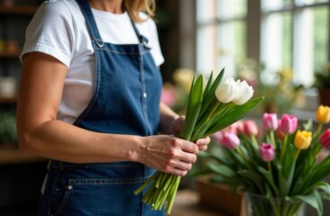 a bouquet of white tulips in close-up in the hands of a florist girl dressed in a denim apron against the background of a floral studio.