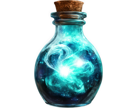 magical potion bottle filled with swirling arcane mist, glowing with vibrant colors and mysterious energy. This enchanting container evokes sense of wonder and curiosity