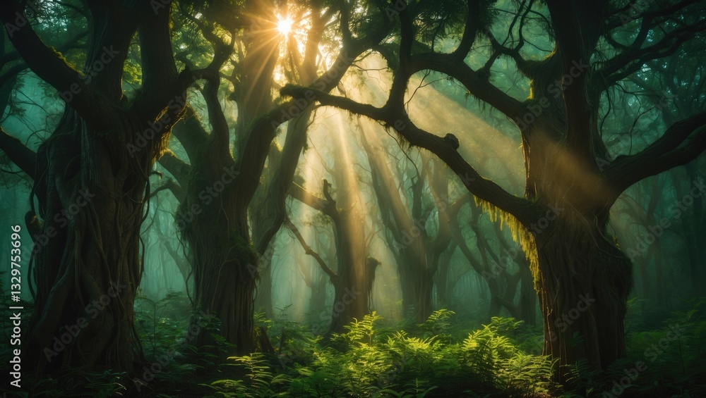 Poster sunlight filters through dense tree branches in a rich green forest.