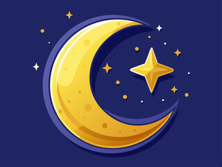 Naklejka premium crescent moon with tiny golden stars floating around it, on a midnight blue background.