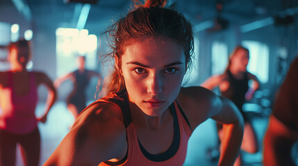 Determined young woman fitness workout intense exercise gym training red body girl blue sport light