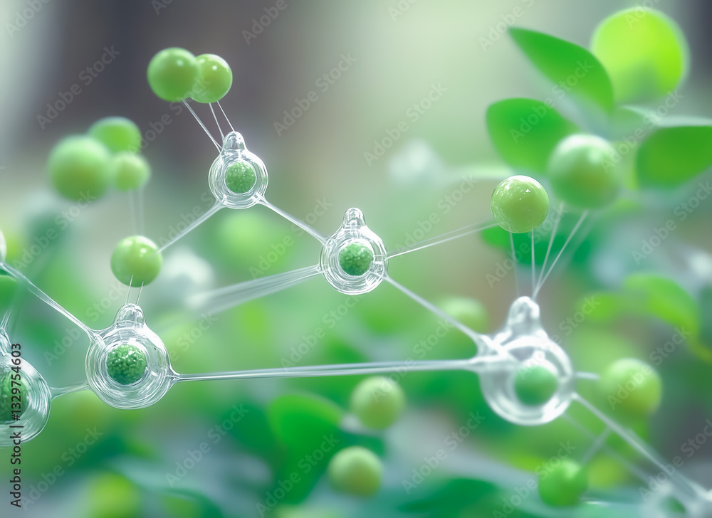 Poster a conceptual scientific 3d rendering of molecular bonds in photosynthesis, featuring floating green 