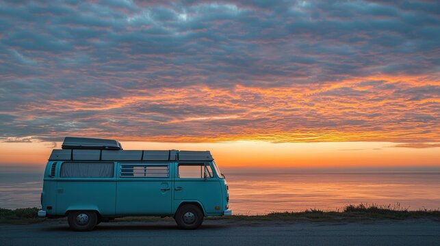 A vintage van parked by a coastal highway with a sunset in the background.