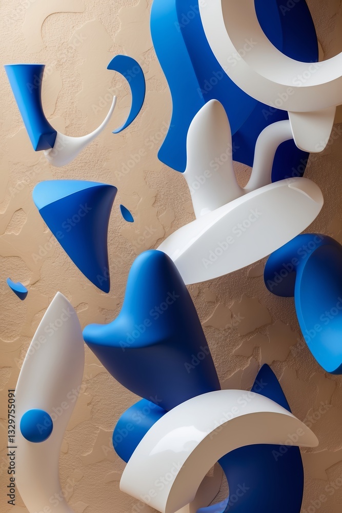 Poster abstract composition of blue and white geometric shapes creating dynamic visual interest on a textur
