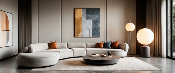 Stylish living room featuring a curved sofa, contemporary art, and a large floor lamp. The neutral colors and minimalist design create an ideal space for relaxation.