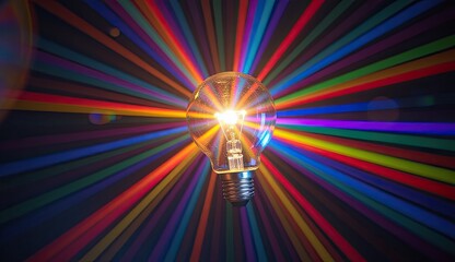 Fototapeta premium A glowing lightbulb with a visible filament at the center of a vibrant burst of colorful light streaks, symbolizing bright ideas, creative inspiration, and the explosion of innovative thoughts.