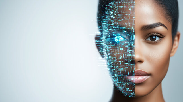 technik, gehirn, portrait, frau, mann, halb, mensch, halb human, copmputer, cyborg, data, daten, ki, ai, k&uuml;nstliche, intelligenz, brain, wissen, illustration, , computer, daten, digital, code, green, 