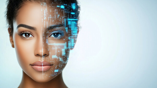 technik, gehirn, portrait, frau, mann, halb, mensch, halb human, copmputer, cyborg, data, daten, ki, ai, k&uuml;nstliche, intelligenz, brain, wissen, illustration, , computer, daten, digital, code, green, 