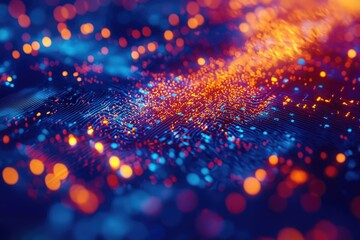 Abstract digital wave pattern with glowing orange and blue particles, representing data flow or network connections.