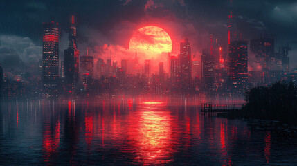 Dramatic sunset over urban skyline city lake digital art night scene reflection serenity