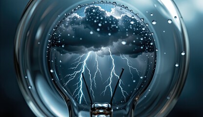 A lightbulb containing a miniature lightning storm with clouds and raindrops, set against a dark, textured background, symbolizing powerful ideas, innovation, and the energy of inspiration.