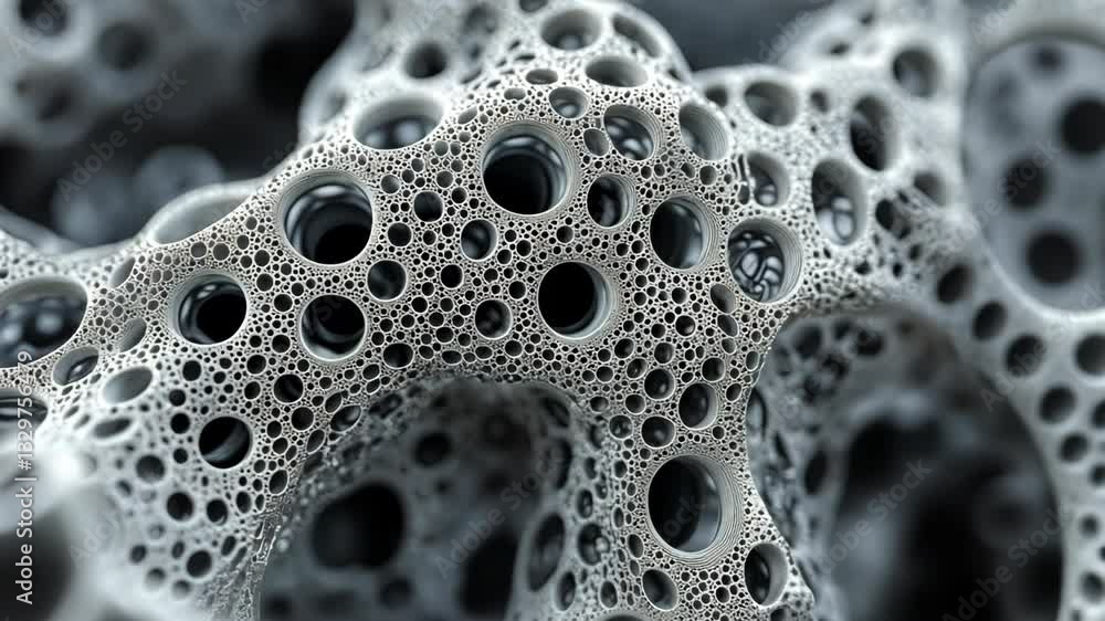 Poster intricate close-up view of textured gray surface with numerous holes and patterns created by natural