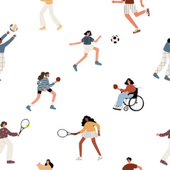 Active People Seamless Pattern. Lively composition of people engaging in different sports, including soccer, tennis, and badminton, with inclusive and diverse representation. Flat vector illustration.