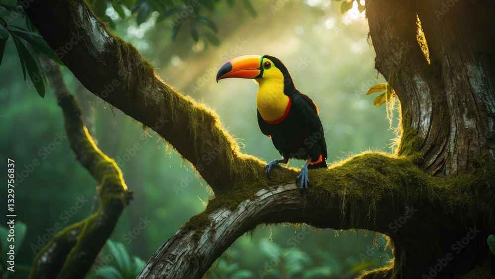 Poster the inquisitive toucan bird is resting on a branch of a tree.