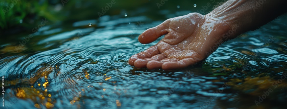 Poster close up of hand reaching into water, creating ripples and splashes, evokes sense of tranquility and