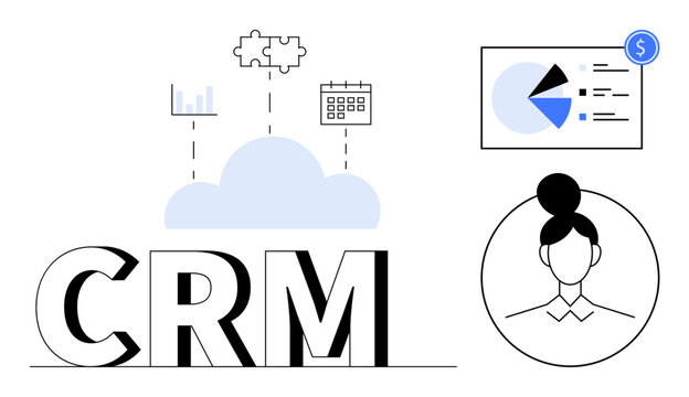 CRM text beneath cloud connects to analytics, workflow, calendar icons. Pie chart with finance icon and user profile. Ideal for business, analytics, workflow, customer management, marketing sales