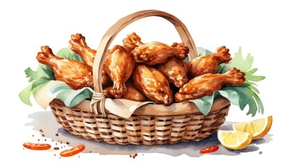 Basket of chicken wings clipart, fast food element, watercolor style, isolated on white background