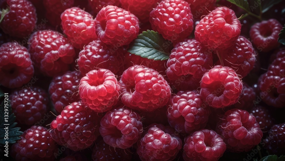 Poster close-up shot of raspberries viewed from above with deep shadows.