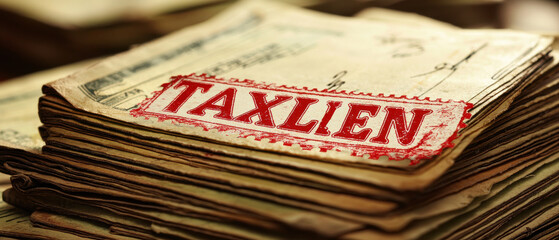 Tax Lien and Property Ownership Concept, Tax lien documents stacked with bold red stamp