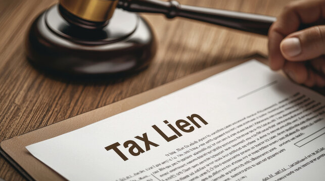 Tax lien document with gavel, symbolizing legal proceedings and finance, Tax Lien Legal and Government Process Concept., Tax Lien Investment and Opportunities Concept.
